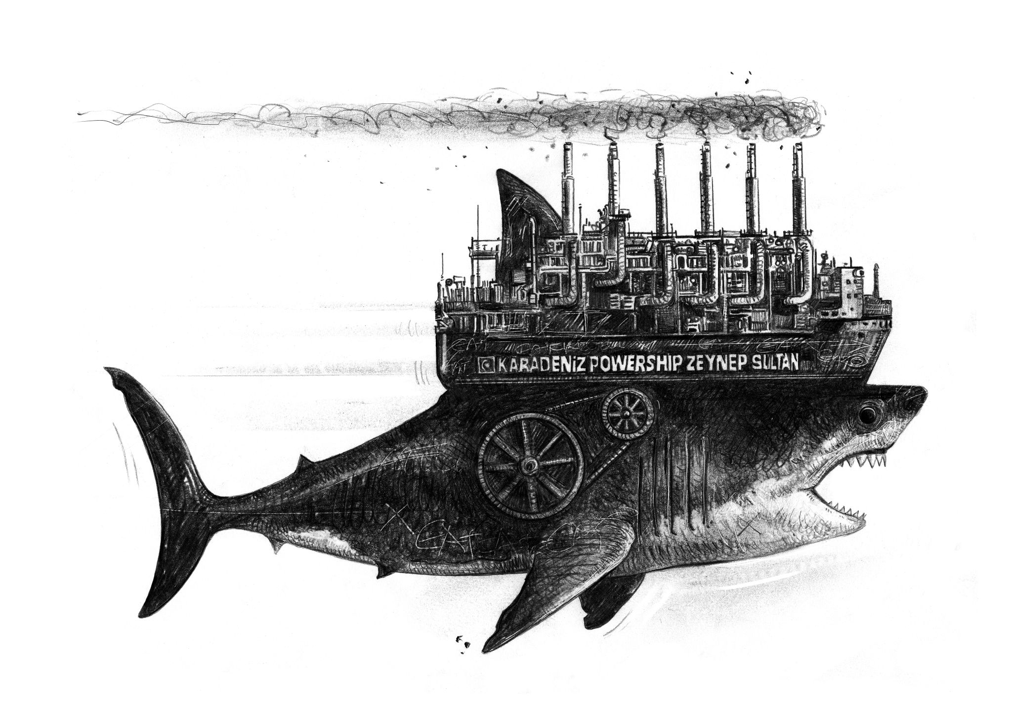 Car power shark fine art drawing